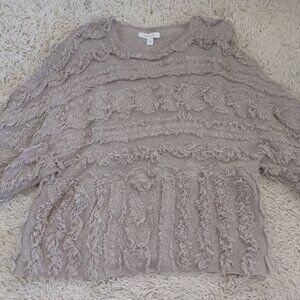 Pure Jill Elements Fringe Textured Sweater Womens S Boho Neutral Cotton Blend